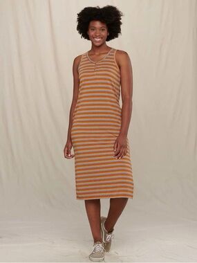 Toad & Co Piru Rib Midi Tank Dress Side Slit Papaya Orange Stripe Large
